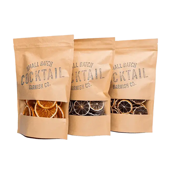 Front view 3 Pack of Cocktail Garnish Co. Dehydrated Garnishes (Lemon, Lime, Orange) 135+ Total Slices of Dried Garnishes 3 Bags with Individual Product in Each Bag