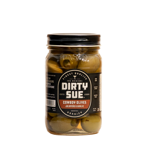 Dirty Sue Cowboy Olives (16oz Jar) | Jalapeno and Garlic Double Stuffed Olives