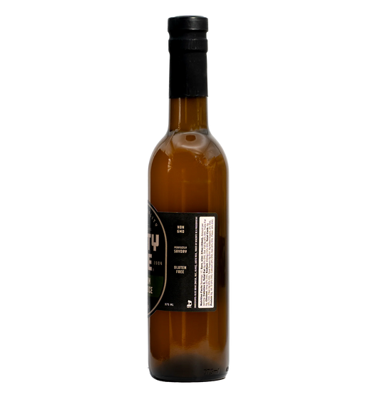 Dirty Sue Premium Olive Juice 375mL bottle, right side label with ingredients and serving suggestions