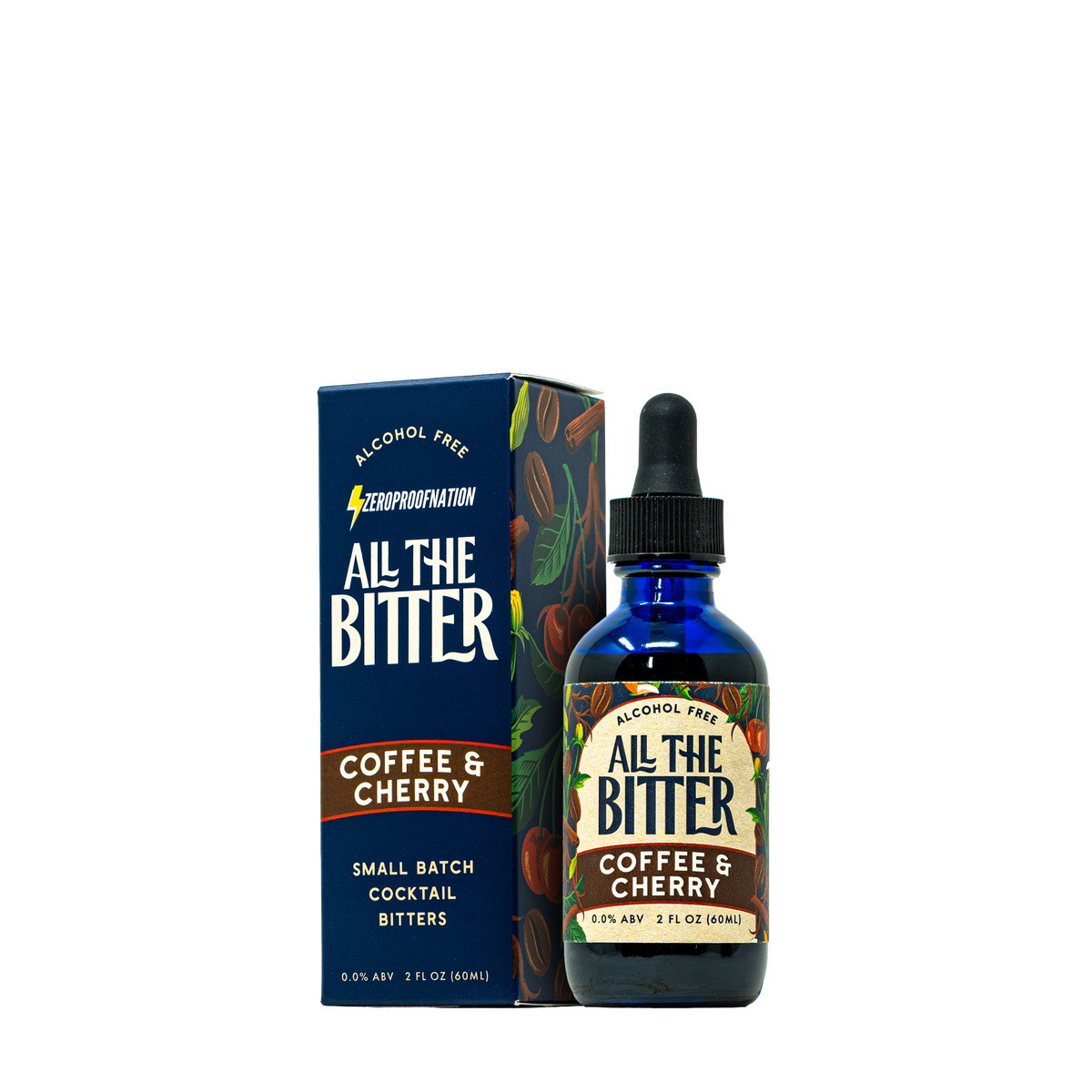 A bottle of All The Bitter Coffee & Cherry alcohol-free cocktail bitters next to its dark blue packaging box, featuring a cobalt blue glass bottle with a black dropper cap and a colorful label.