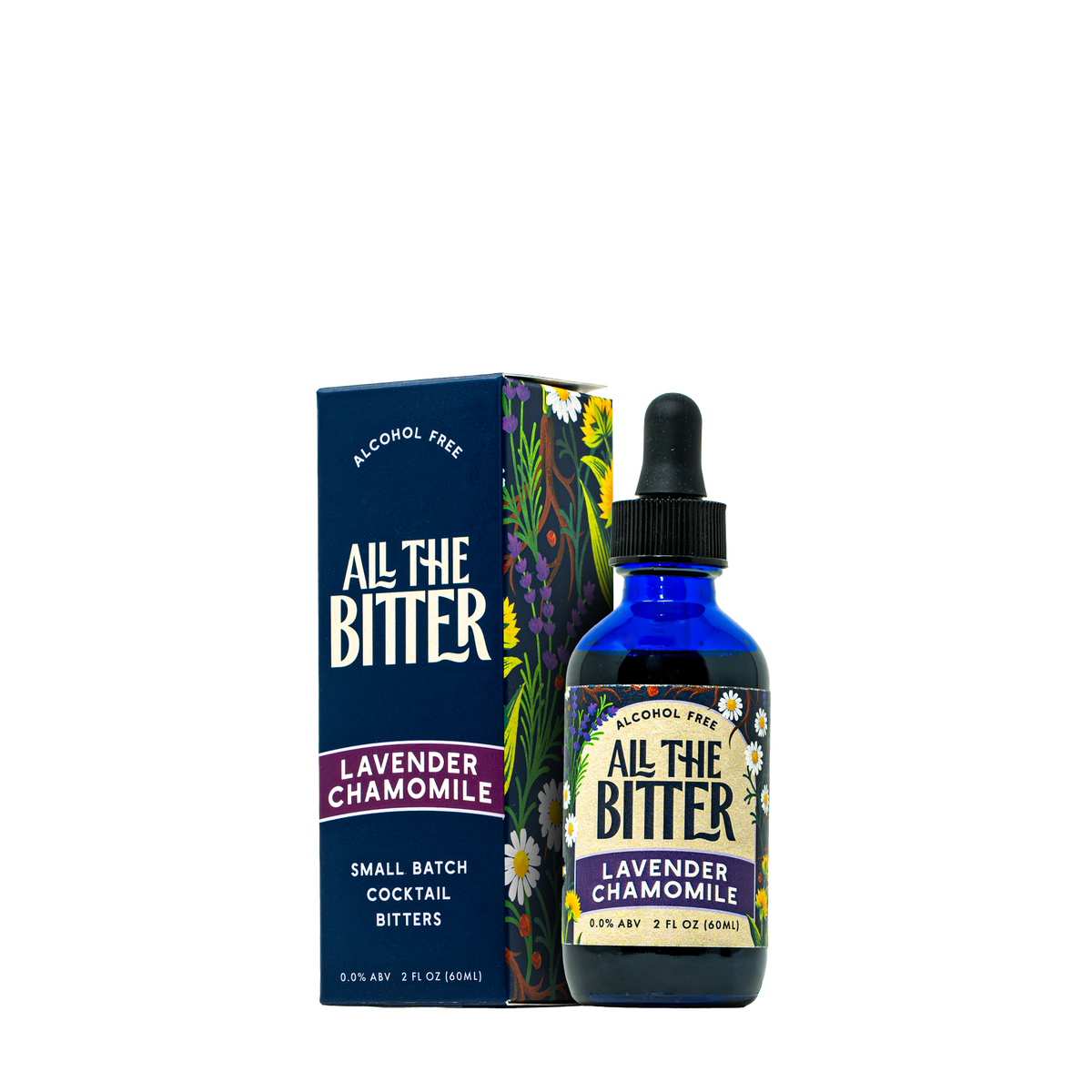 A bottle of All The Bitter Lavender Chamomile alcohol-free cocktail bitters next to its dark blue packaging box, featuring a blue cobalt glass bottle with a black dropper cap and a floral label.