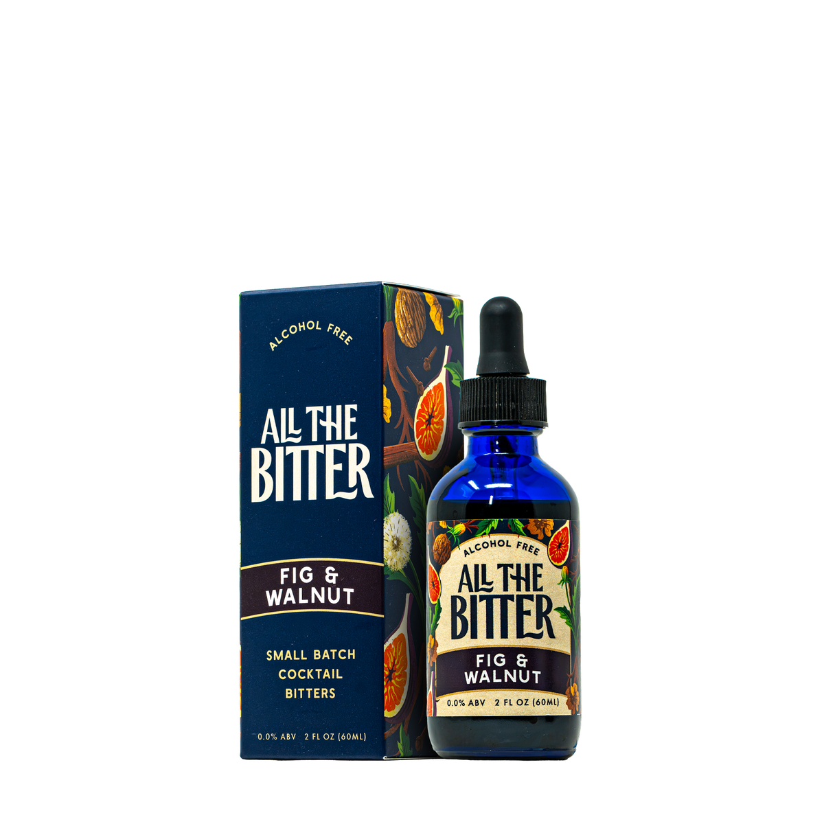 A blue glass dropper bottle and its matching dark blue box for All The Bitter Fig & Walnut flavor, shown on a plain white background.
