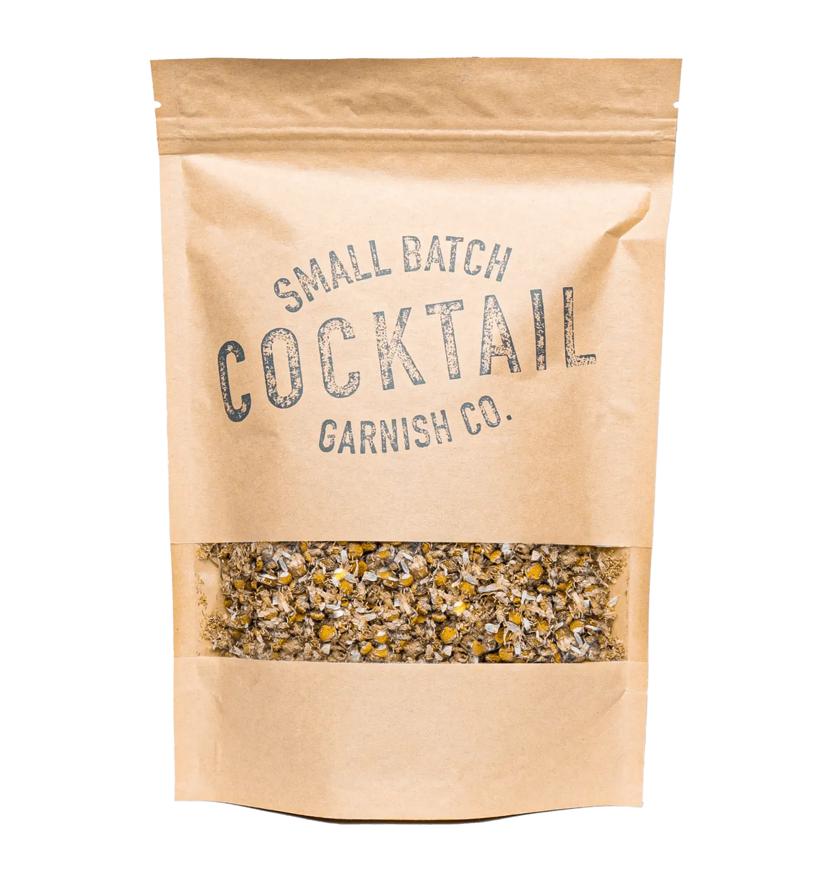 Cocktail Garnish Co. Dehydrated Chamomile Flowers Yellow with Green Stems Resealable Bag Front View