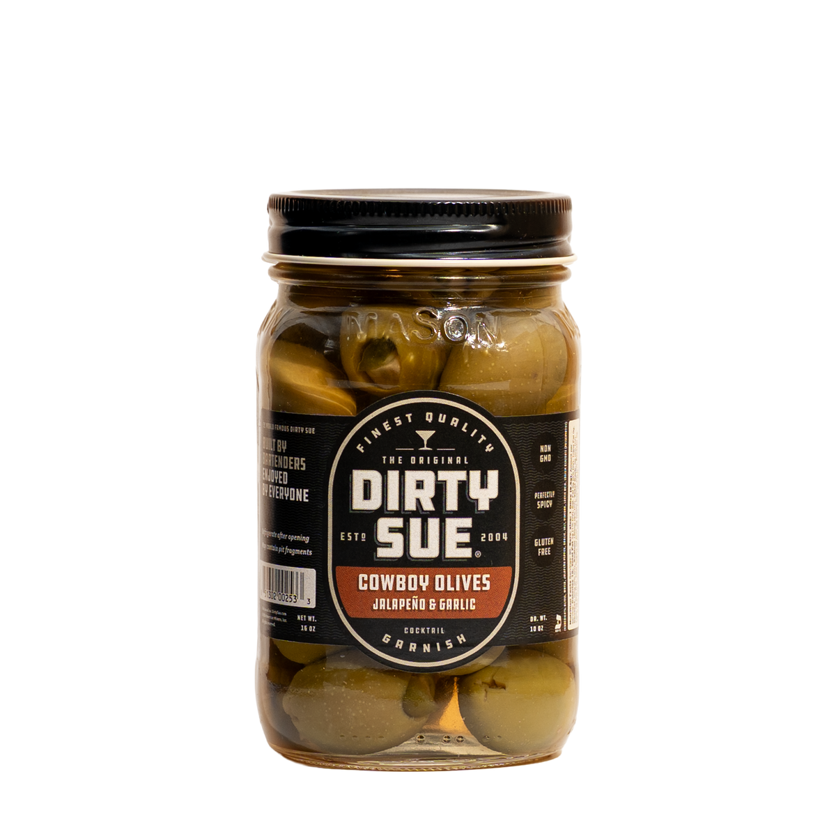 Dirty Sue Cowboy Olives (16oz Jar) | Jalapeno and Garlic Double Stuffed Olives