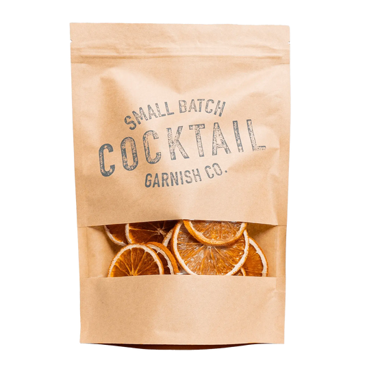 Cocktail Garnish Co. Dried Orange Slices with 31 slices of dehydrated orange for drinks Resealable Bag Front View