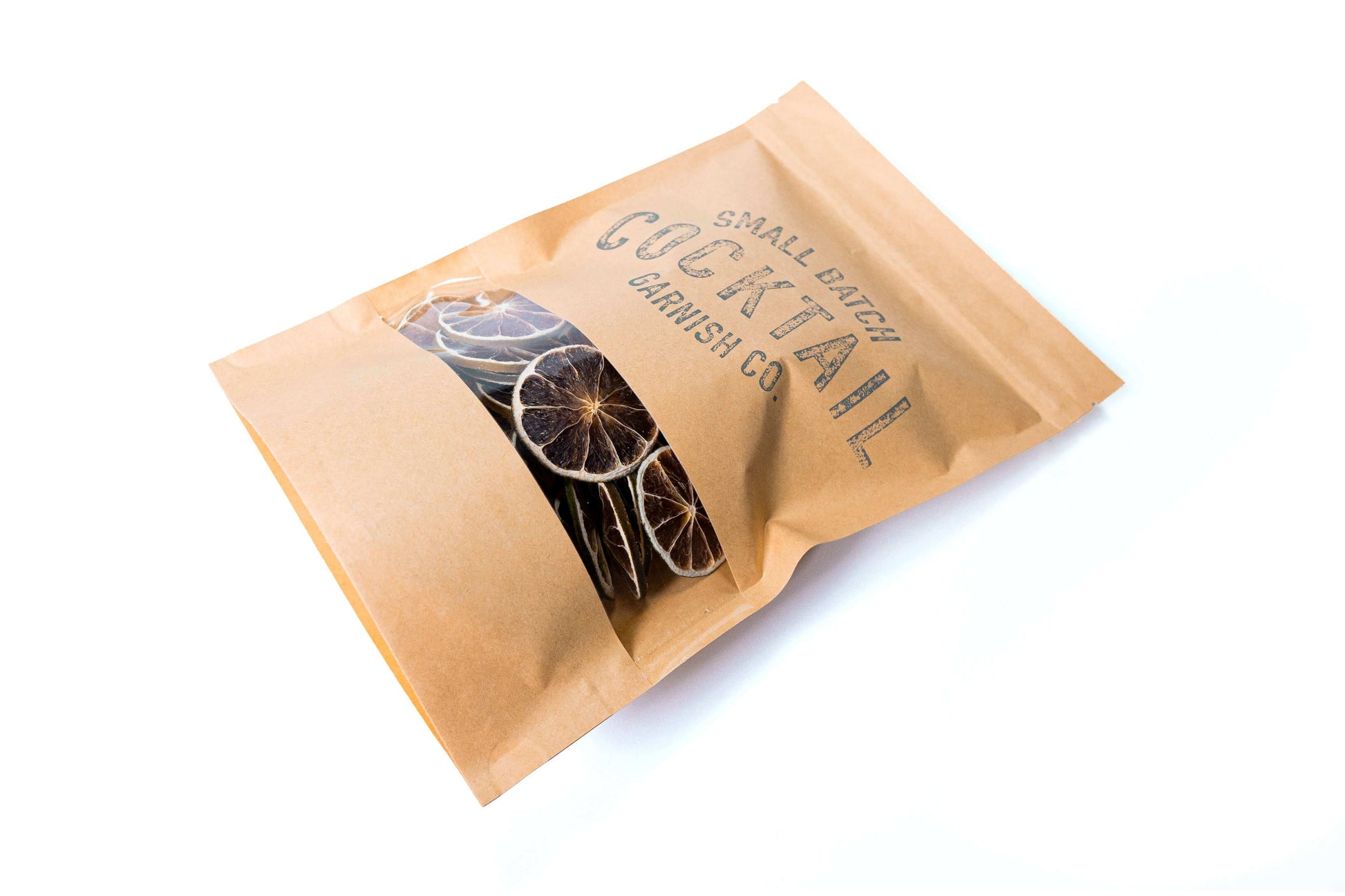 Angled view of Dehydrated Lime Wheel bag from Cocktail Garnish Co. 