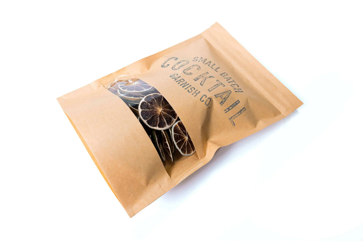 Angled view of Dehydrated Lime Wheel bag from Cocktail Garnish Co. 