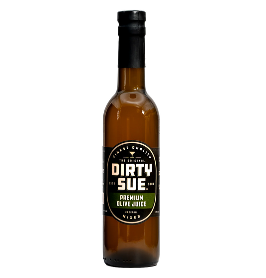 Dirty Sue Premium Olive Juice 375mL bottle, front label, double filtered olive brine for dirty martinis