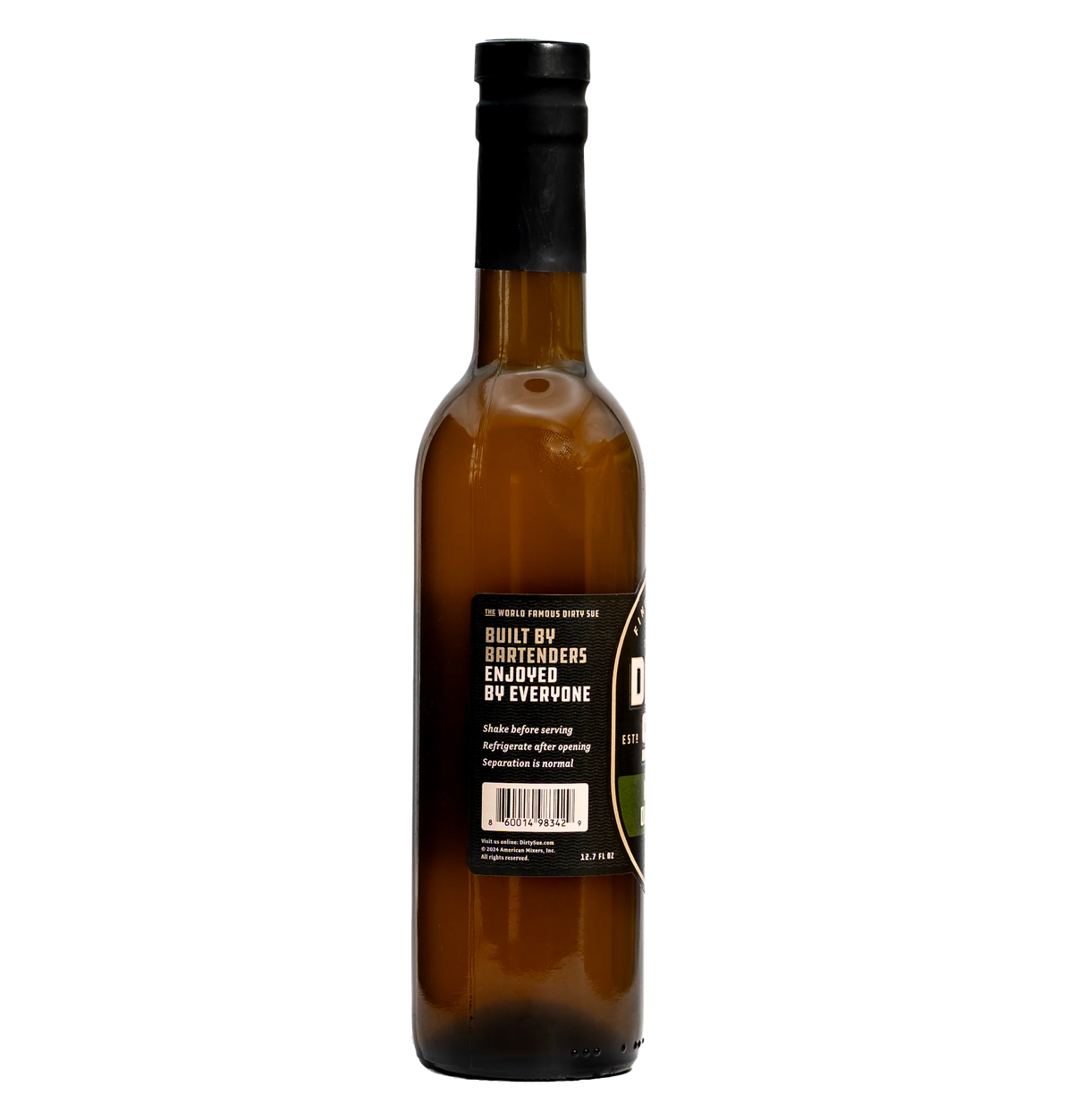 Dirty Sue Premium Olive Juice 375mL bottle, left side label, bartender created olive brine for cocktails