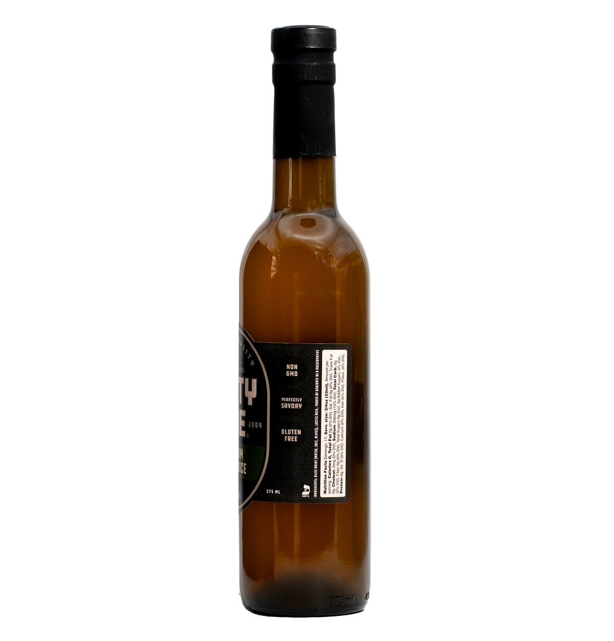 Dirty Sue Premium Olive Juice 375mL bottle, right side label with ingredients and serving suggestions