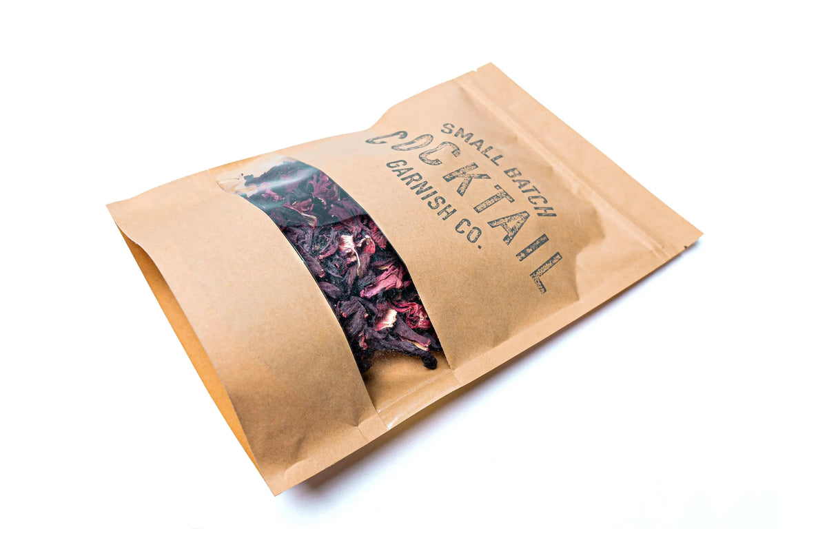 Cocktail Garnish Co. Dehydrated Hibiscus Resealable Bag Side View