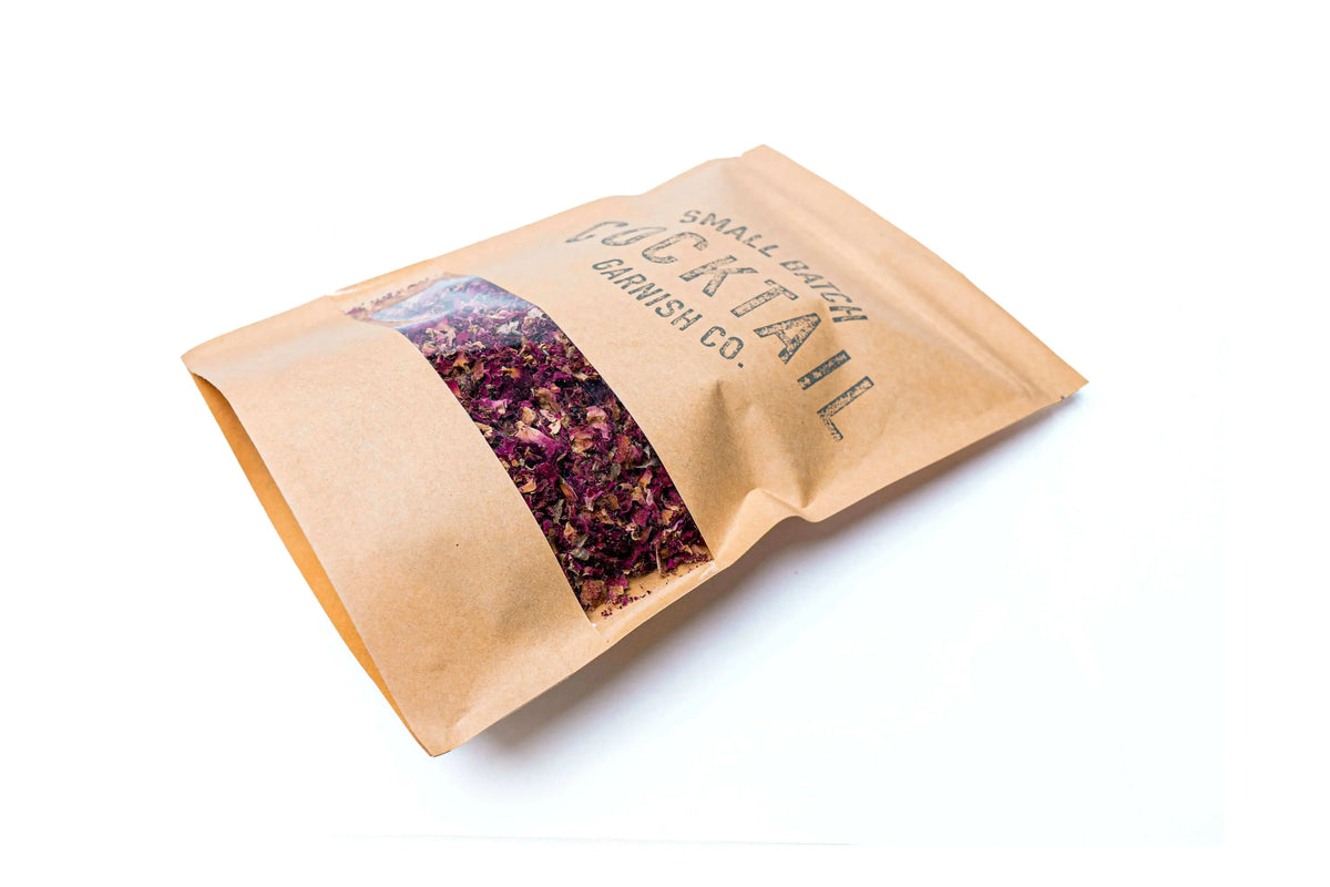 Side View Resealable Bag of Cocktail Garnish Co. Dried Rose Petals