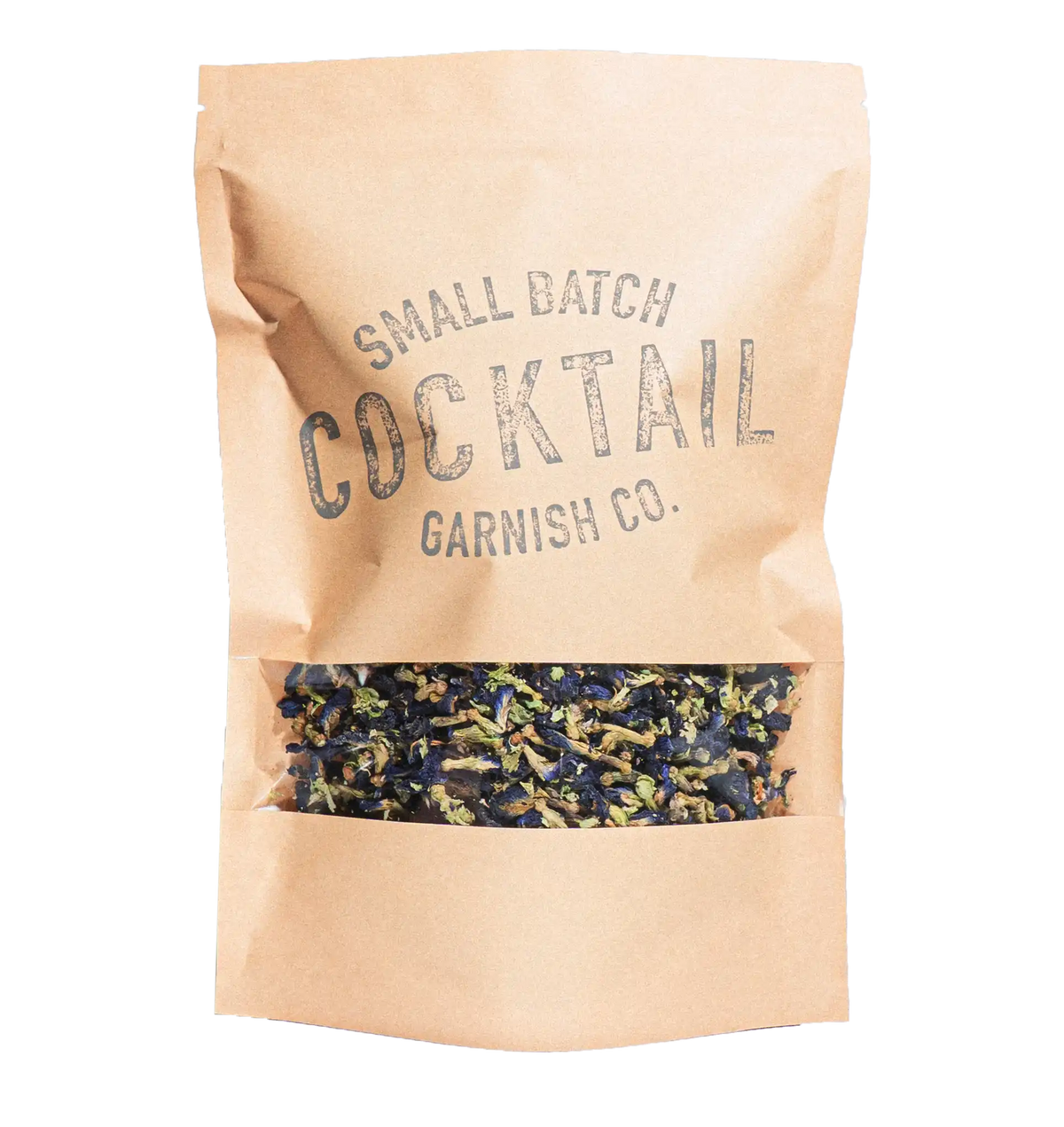 Front of a kraft pouch of Cocktail Garnish Co. dried butterfly pea flowers, window showing deep indigo blue blossoms with green stems